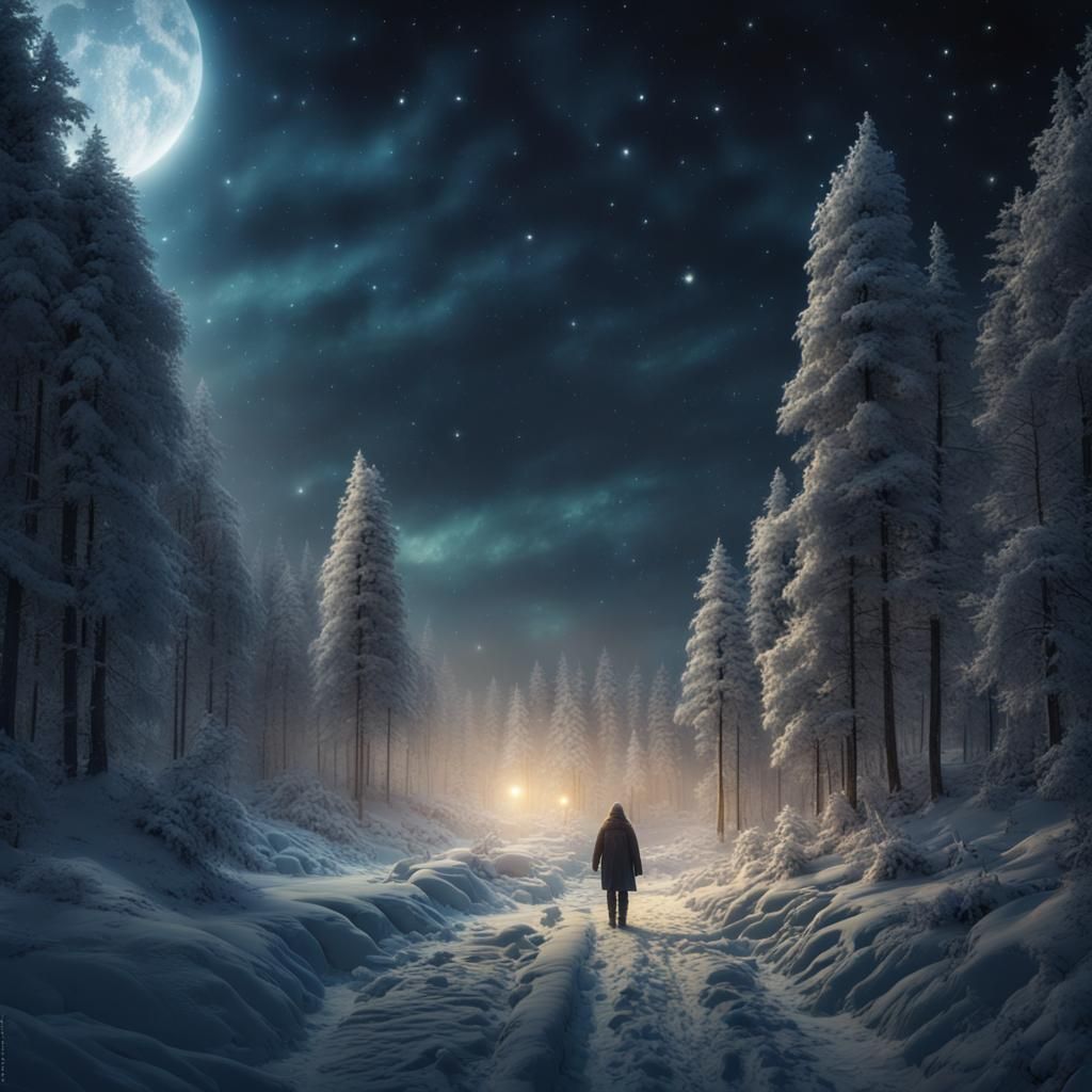 Night Winter Forest with Golden Light