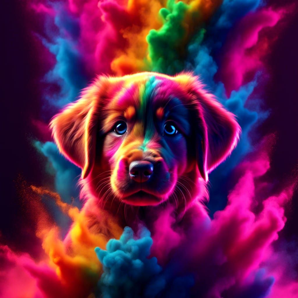Hyperrealistic Puppy Jumping Through Rainbow Smoke