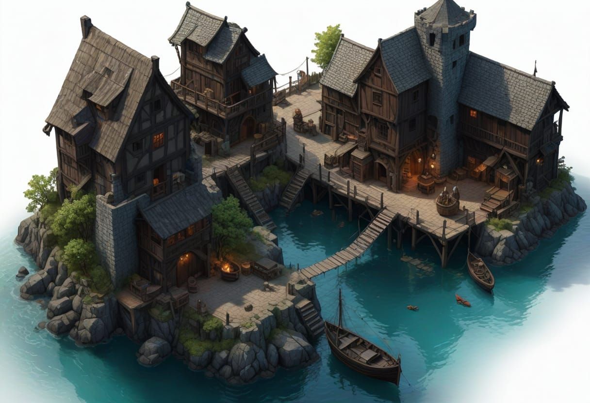 Isometric Medieval Harbor Illustration in Vivid Colors