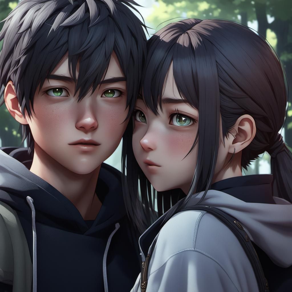 Anime Girl Hiding Behind Boy: 3D Aesthetic Art