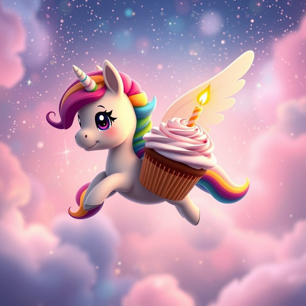 Cartoon Flying Pony with Cupcake in Starry Sky