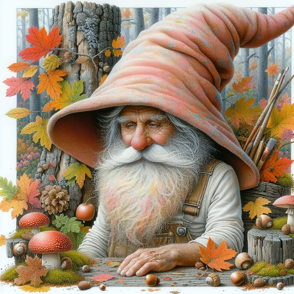 whimsical nordic gnome man wearing a large oversized pointed...