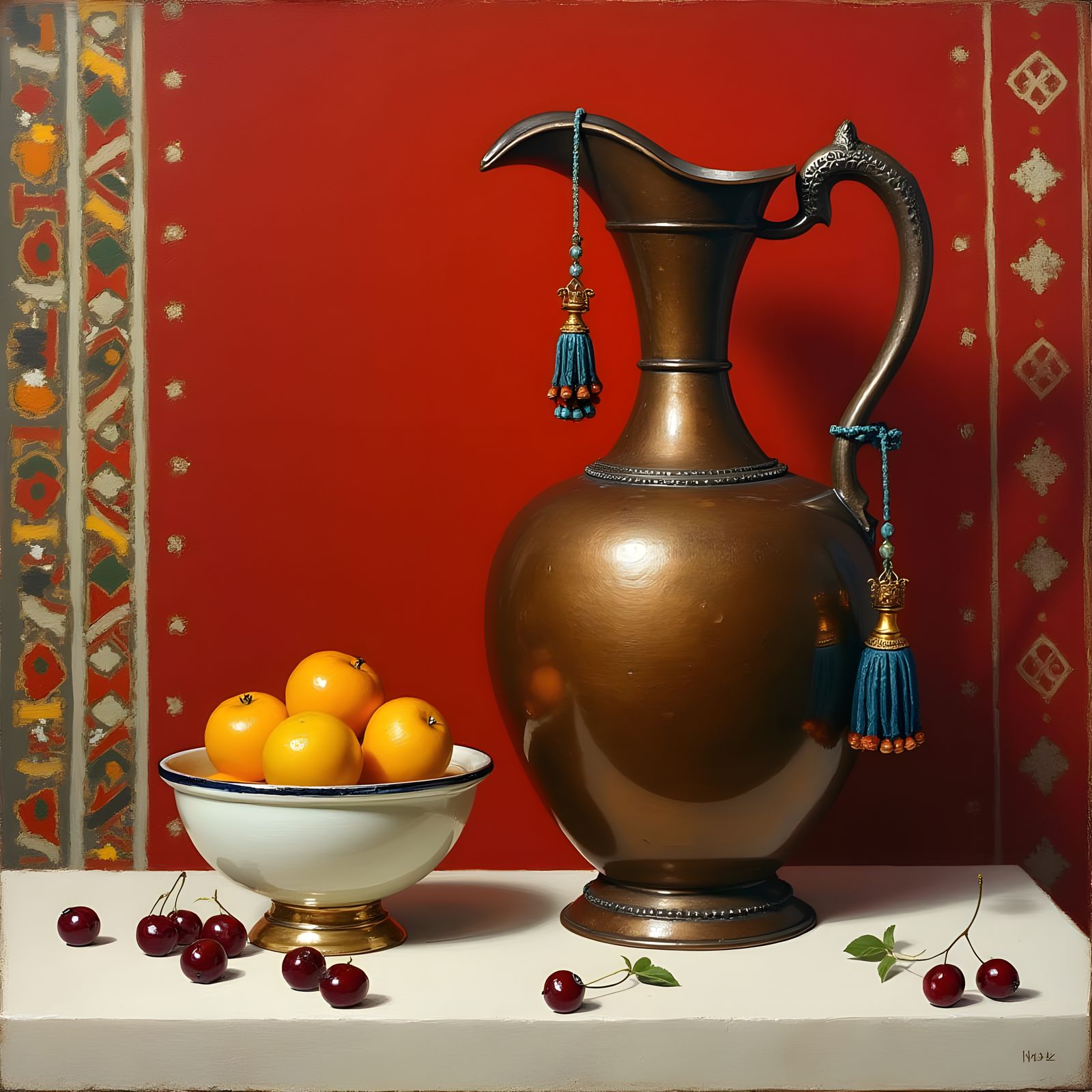 Realistic Oil Painting of Copper Pitcher with Fruit