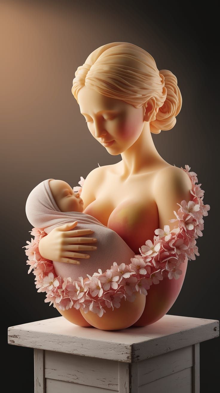 Ethereal Peach Sculpture: Mother and Child in Soft Light