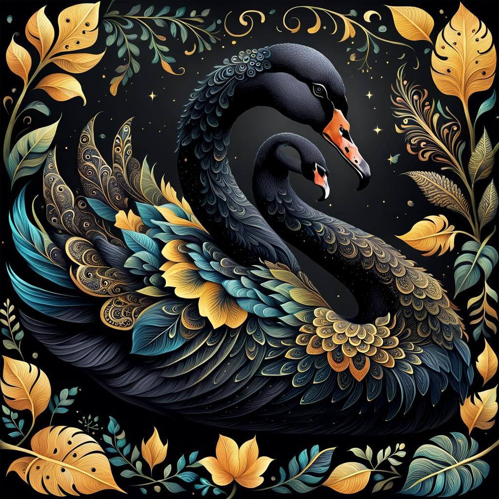 Mystical Black Swan Illustration with Floral Motifs