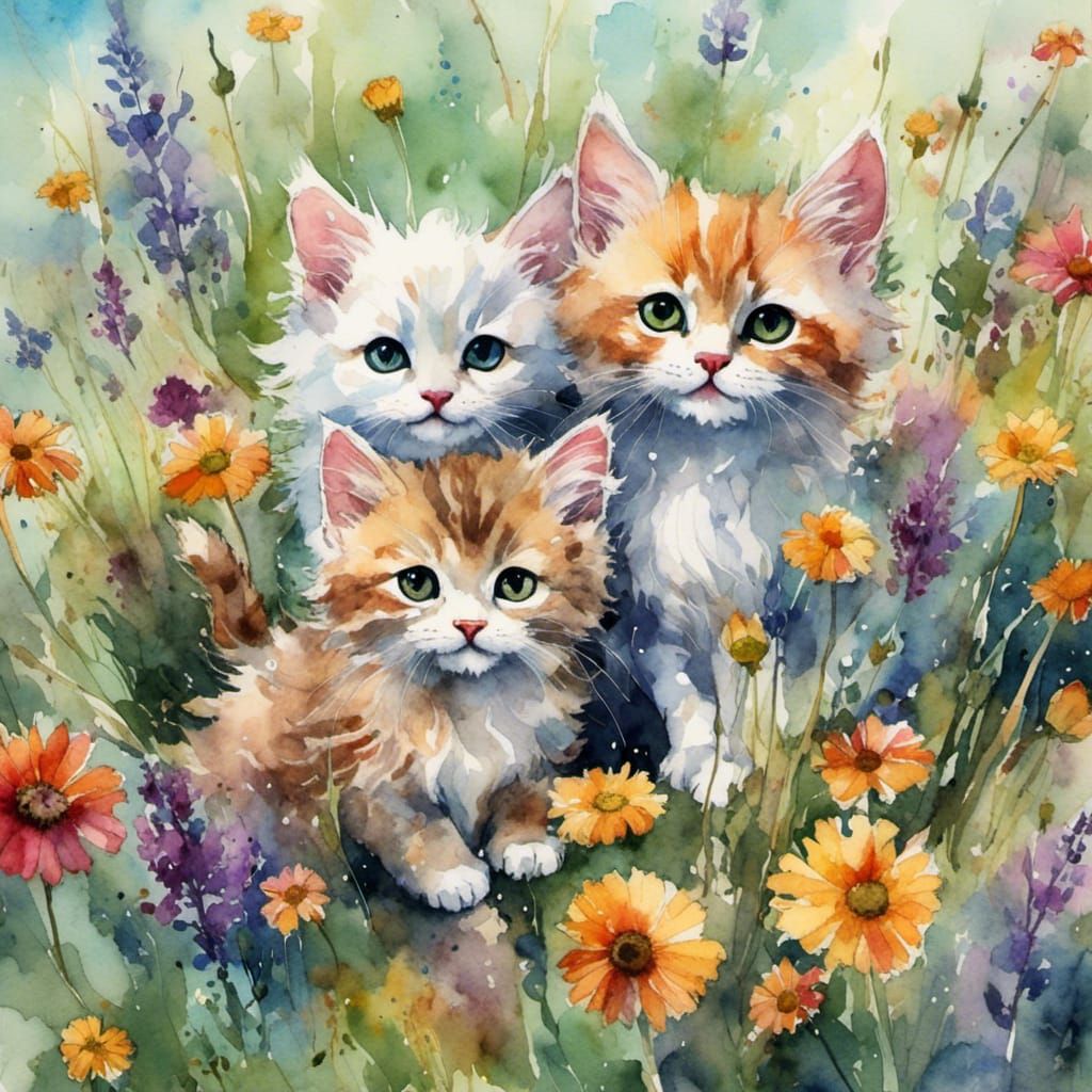 Kittens' Whimsical Adventure in a Flower Meadow