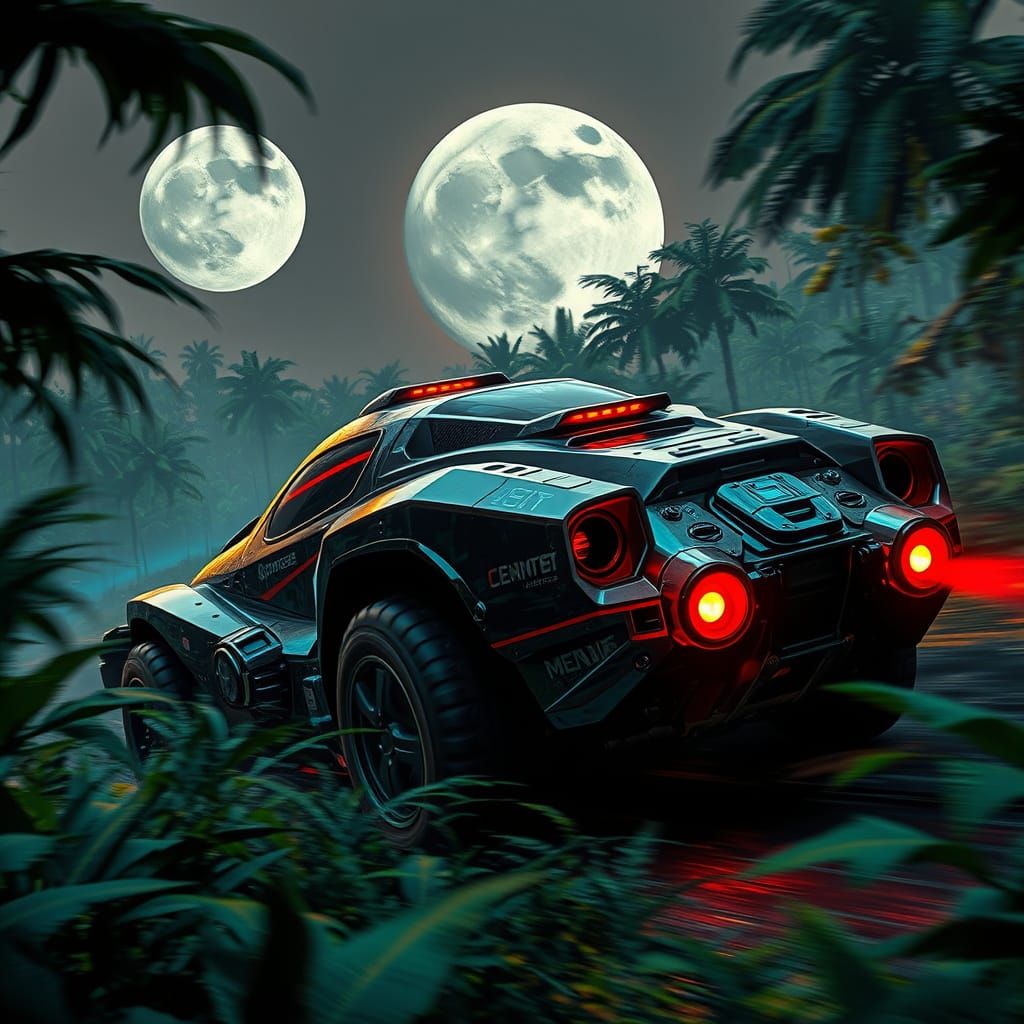 Cyberpunk Armoured Car Speeds Through Jungle Under Grey Moon