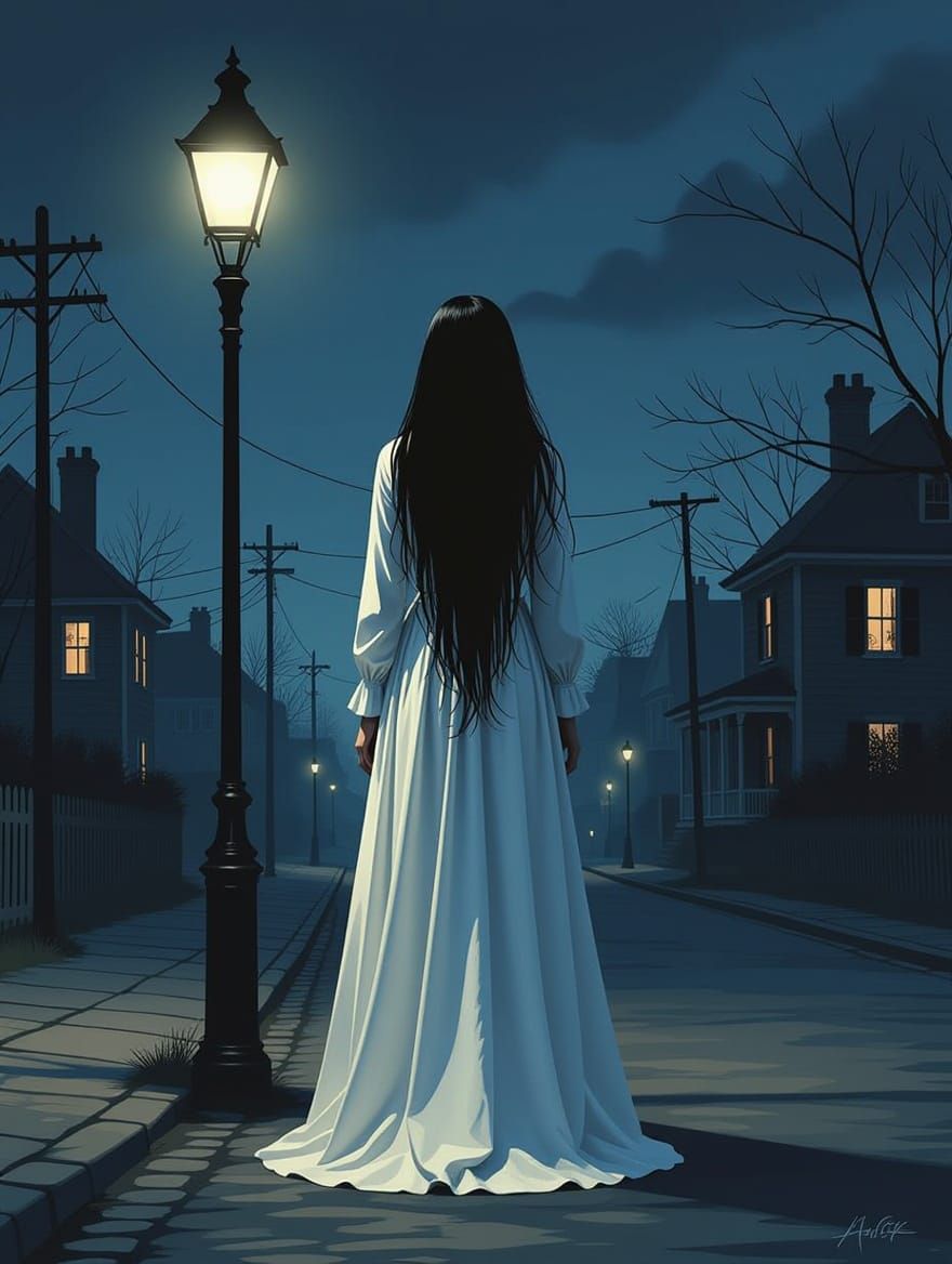 woman in long white dress under a streetlight at midnight