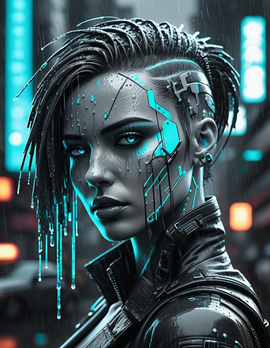 Cyberpunk Punk Girl with Cybernetic Implants in Grayscale