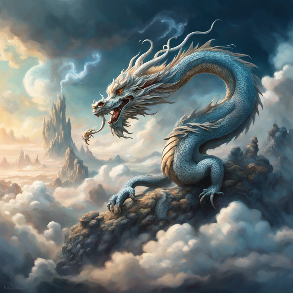 Ethereal Silver Dragon in Whimsical Cloudscape