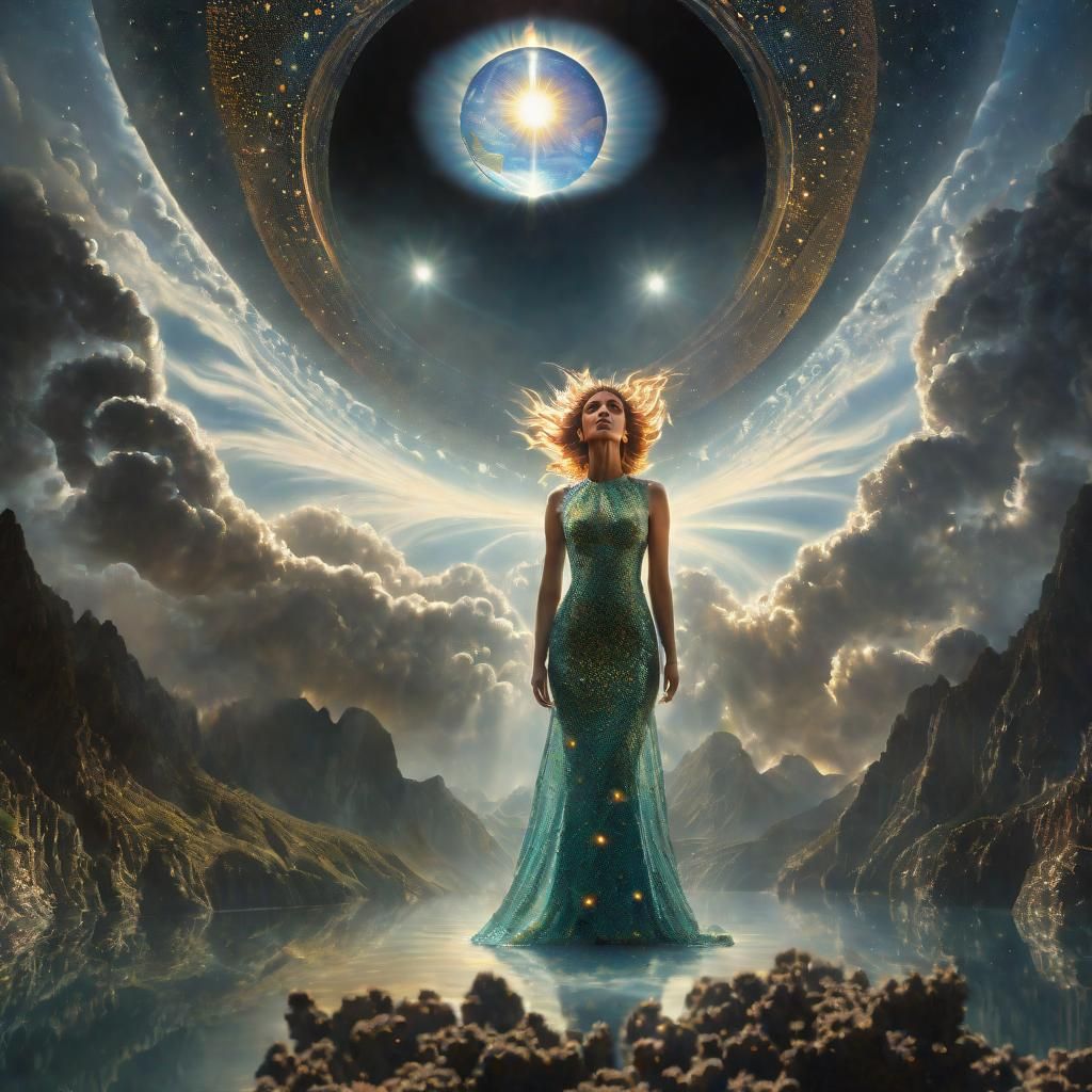 Surreal Light Goddess in Pointillist Metal Sun