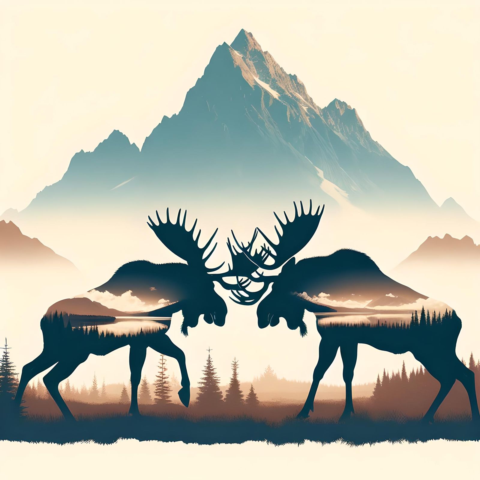 Moose Battle Silhouette Double Exposure in Beige