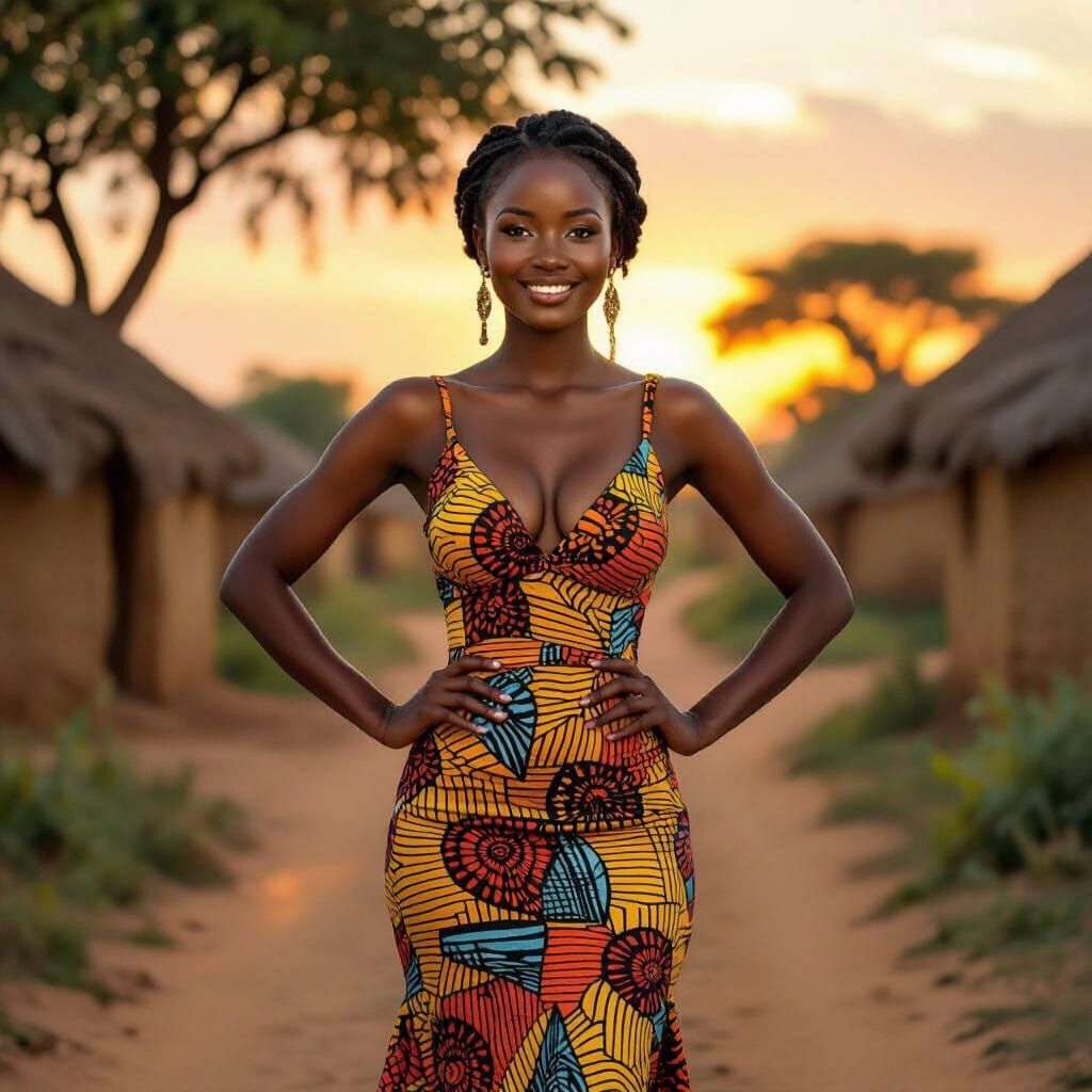 Confident African Woman in Vibrant Dress, Impressionistic St...
