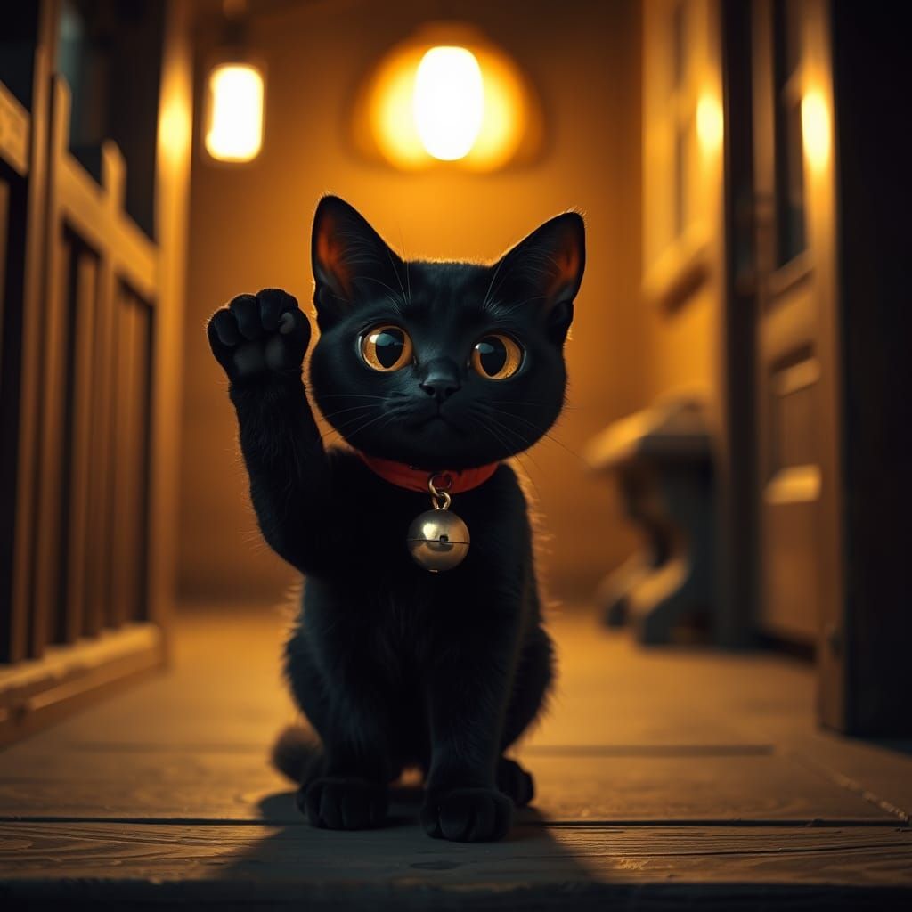 Adorable Black Cat Beckons in Atmospheric Lighting
