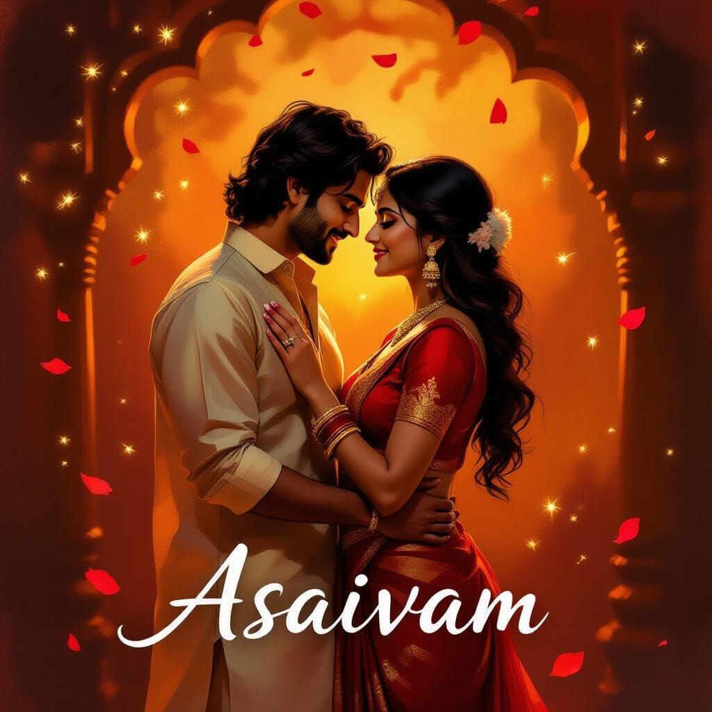 Romantic South Asian Couple in Amber Light, Cinematic Painti...