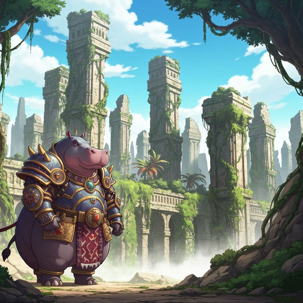 Hippopotamus Knight Guards Over Nature-Reclaimed Lost City