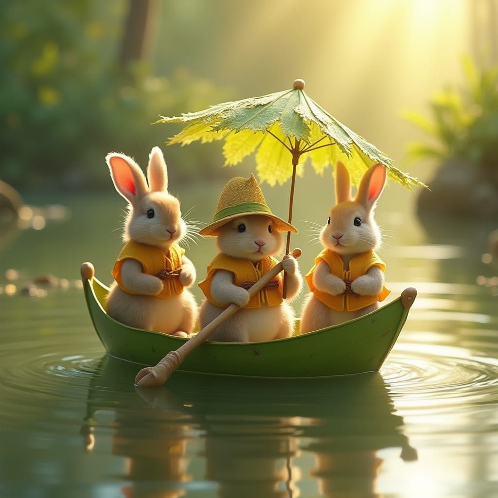 Whimsical Miniature Rabbits Sail on Delicate Leaf Boat