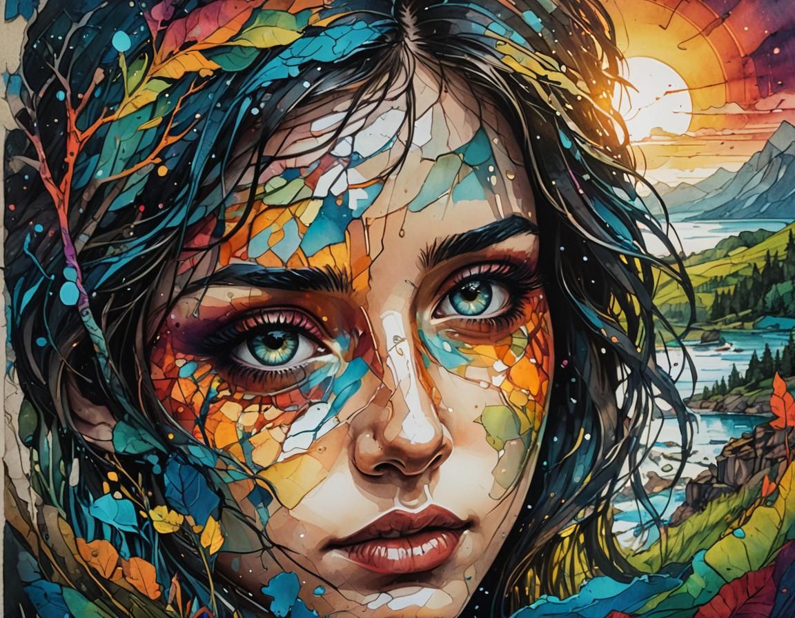 Surreal Girl's Eyes Reflecting Summer Landscape