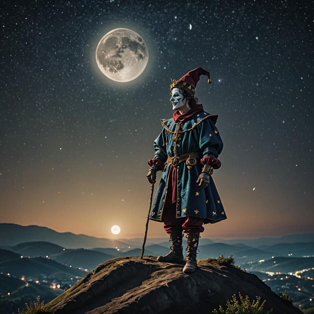 Medieval Jester Under Alchemical Moonlit Sky
