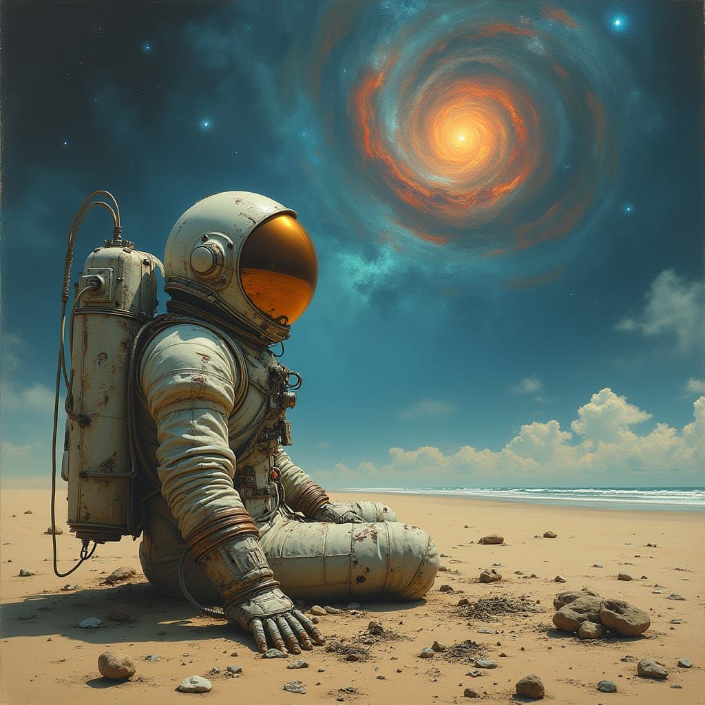 Astronaut Contemplates Nebula in Surreal Biomechanical Lands...