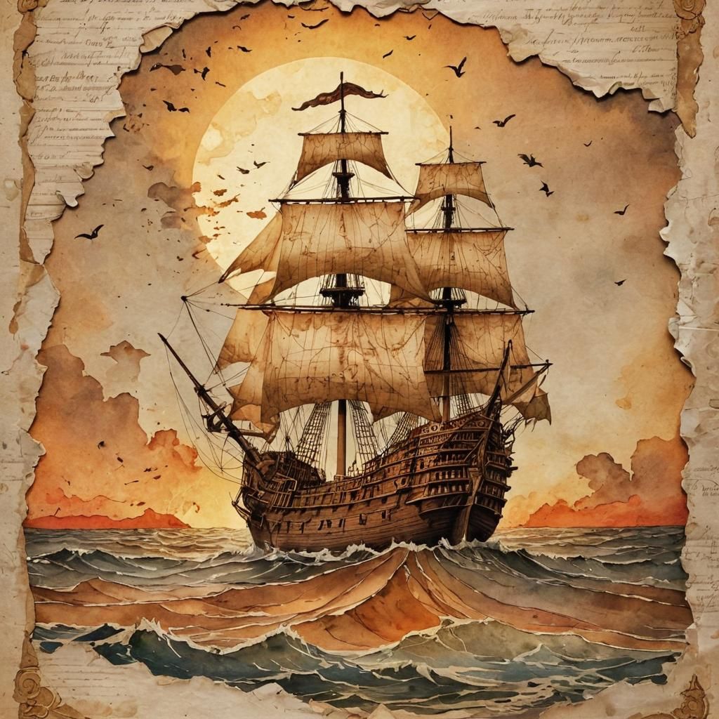 Sailing Ship Sunset: 18th Century Illustration