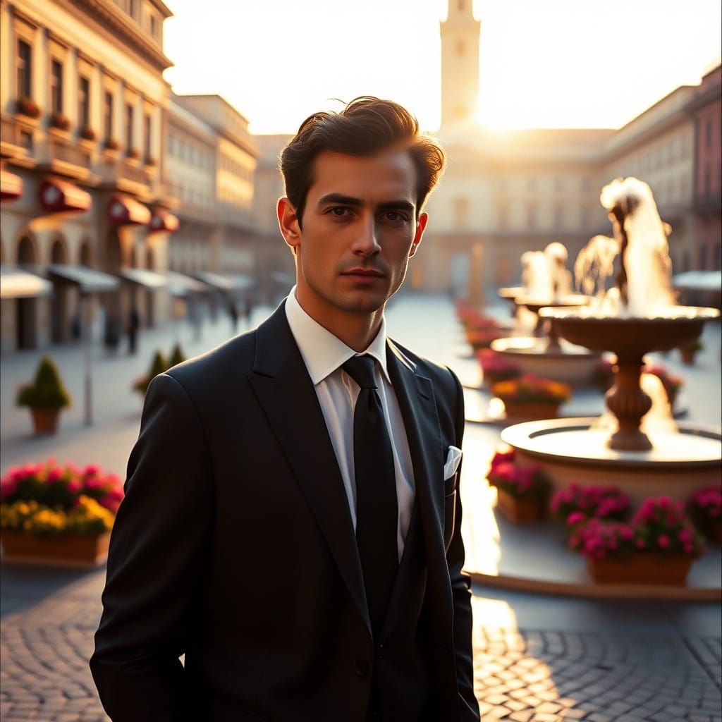 Italian Man in Piazza: Cinematic Film Still