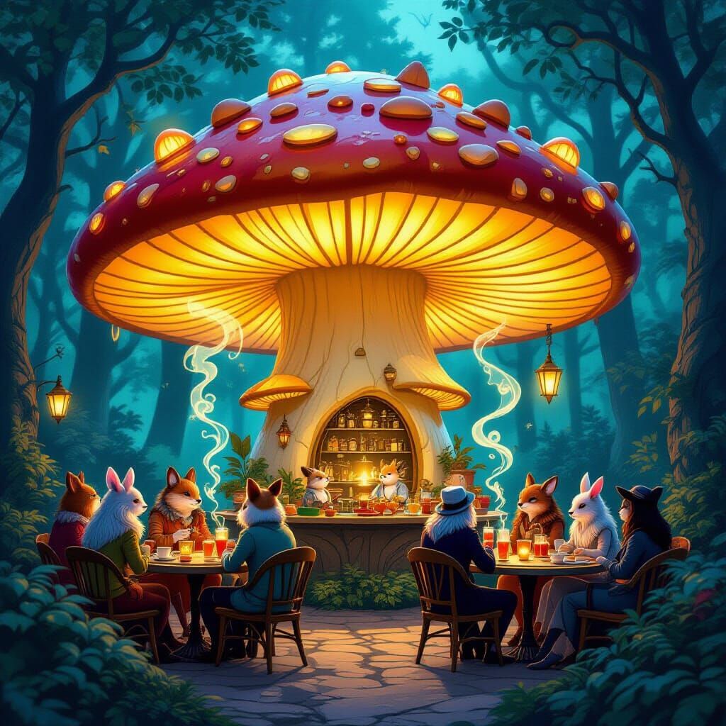 Enchanted Mushroom Speakeasy Café with Magical Brew