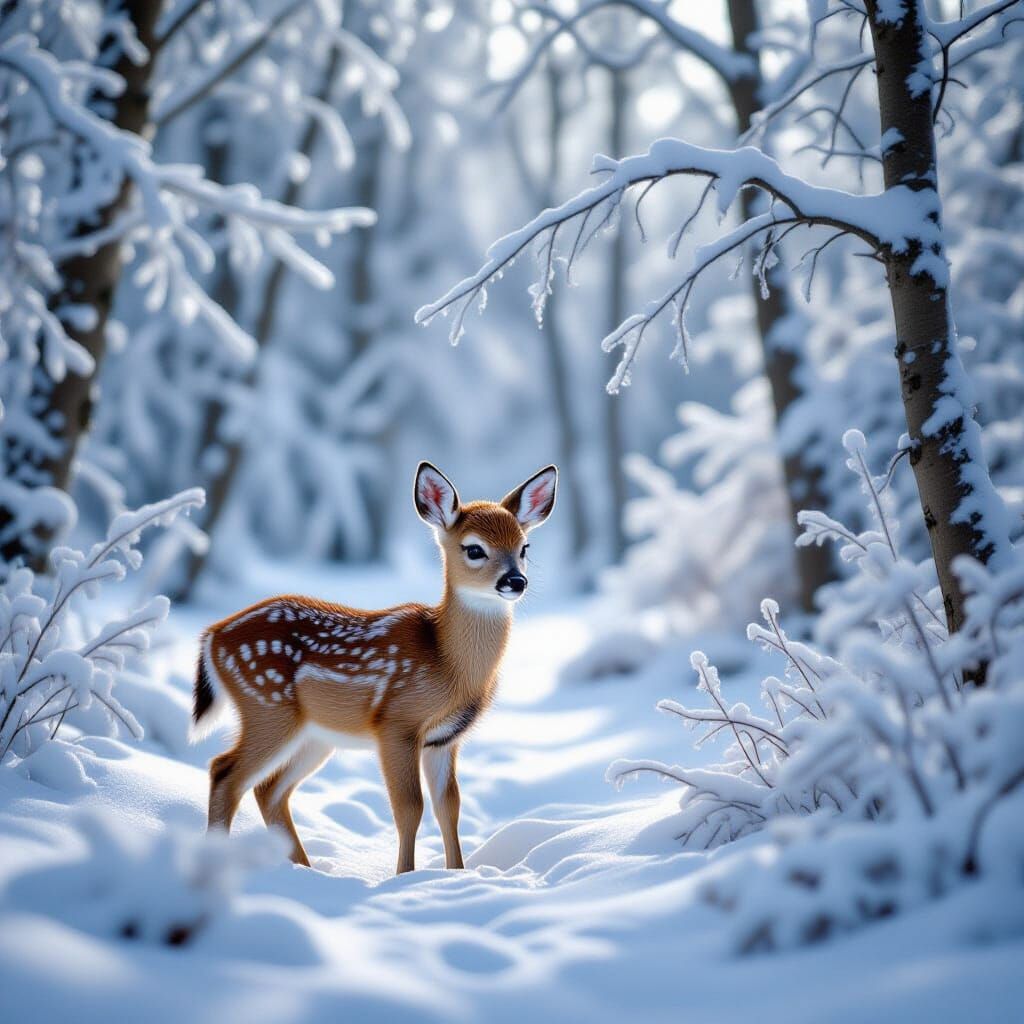 Magical Winter Forest with Fawn in Whimsical Style