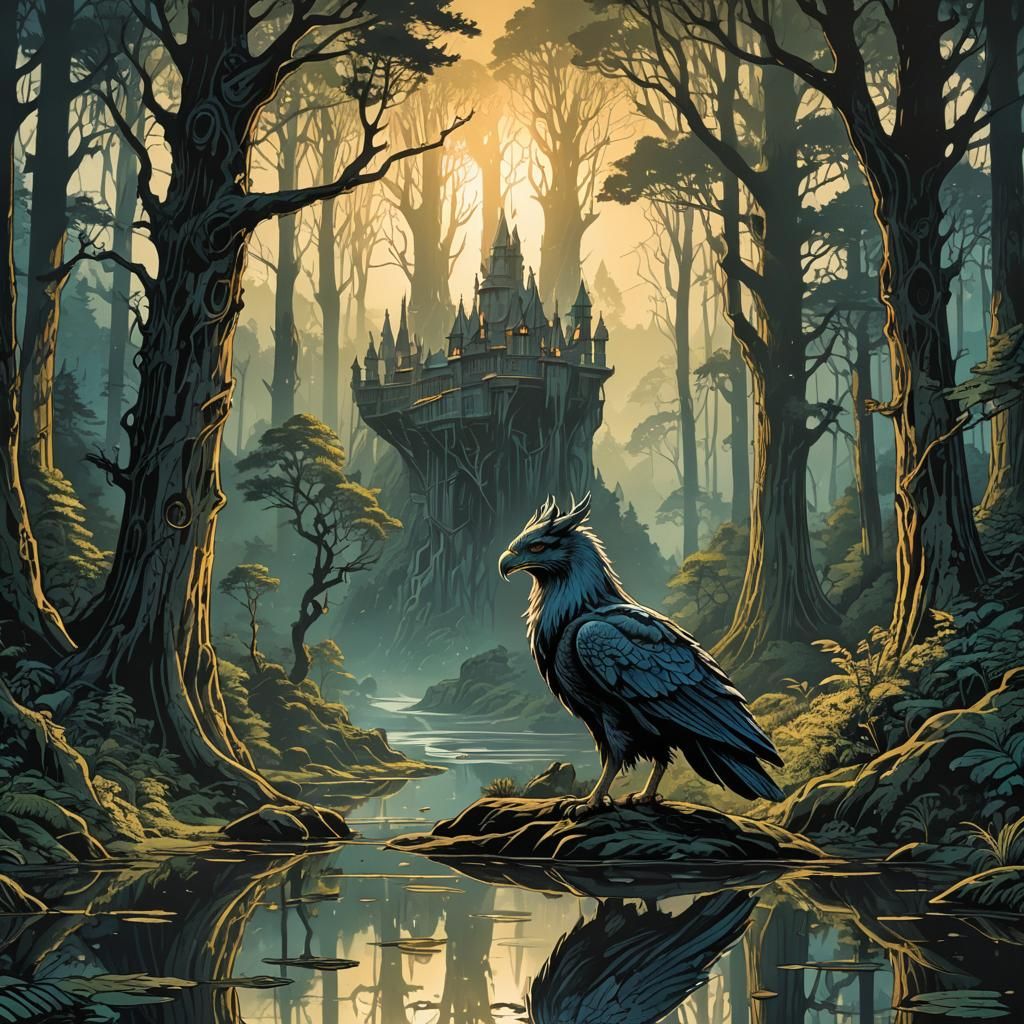 Hippogriff in Forest at Dawn: Retro D&D Illustration