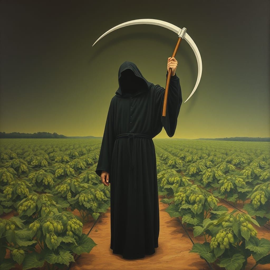 Surreal Reaper in Hops Field, Dali Style