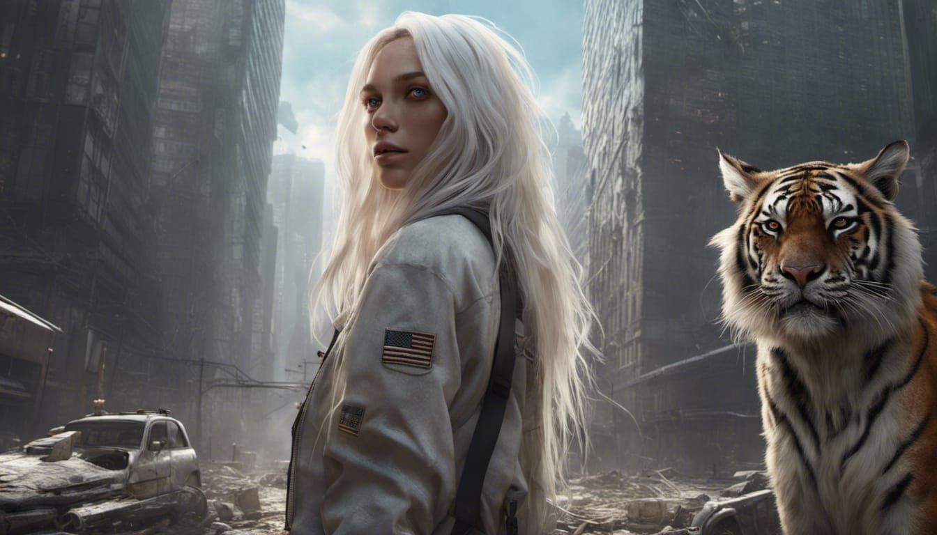 Post-Apocalyptic World Trade Center with Woman and Tiger