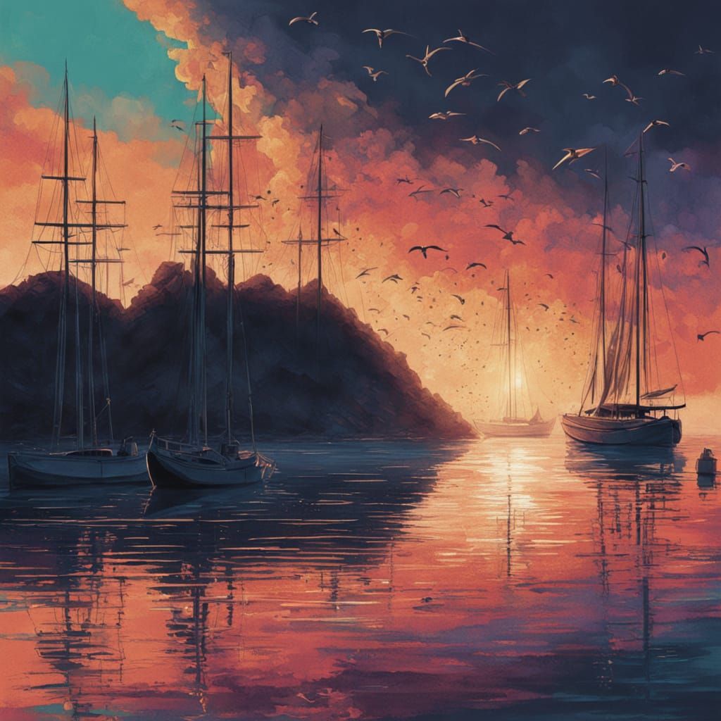 Sunset Cove with Sailboats, Cinematic Concept Art