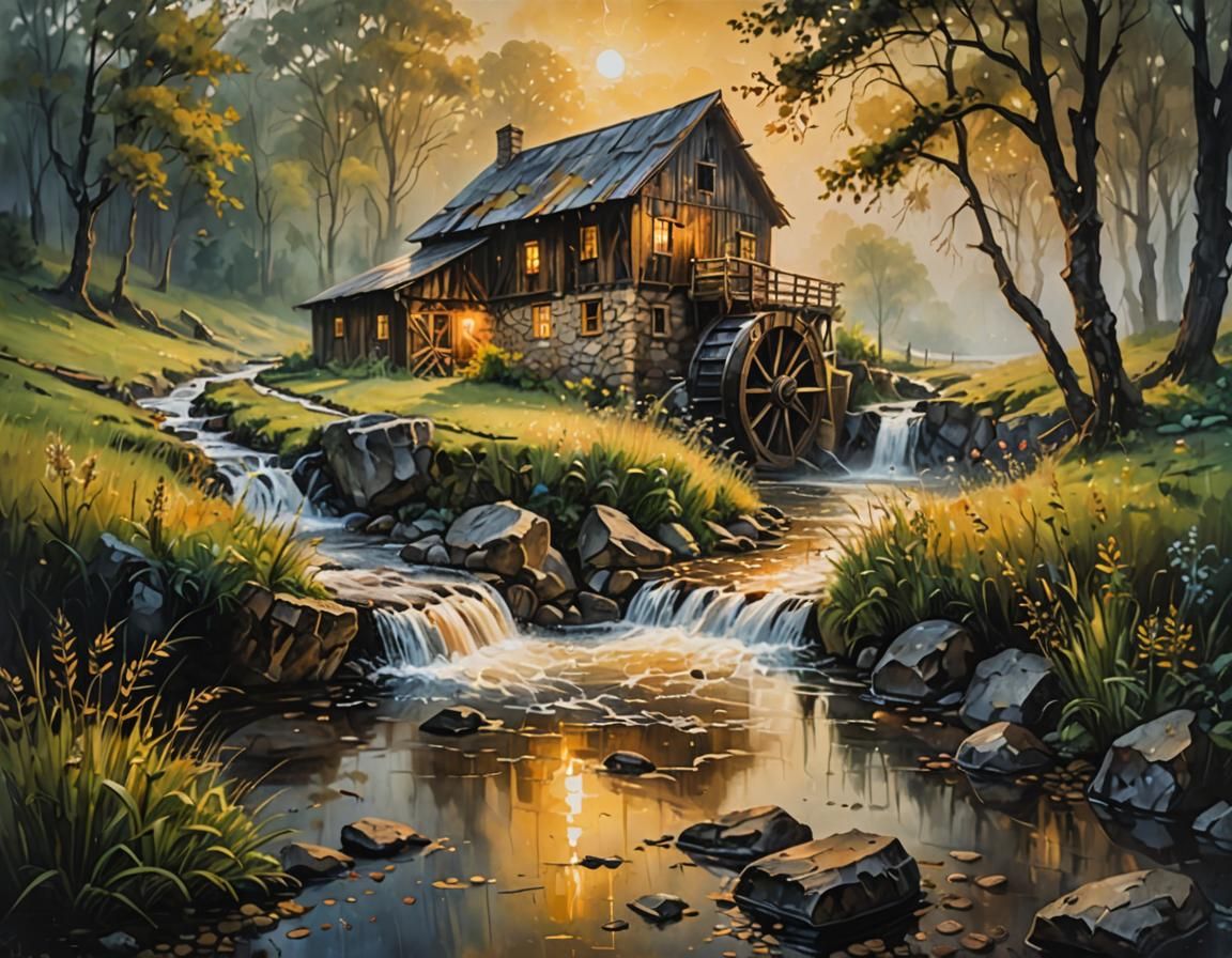 Foggy Meadow Water Mill Acrylic Painting