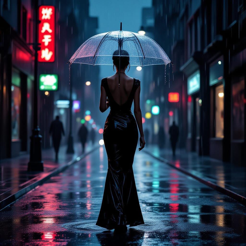 Elegant Woman in Neon Rain: Textured Impasto Painting