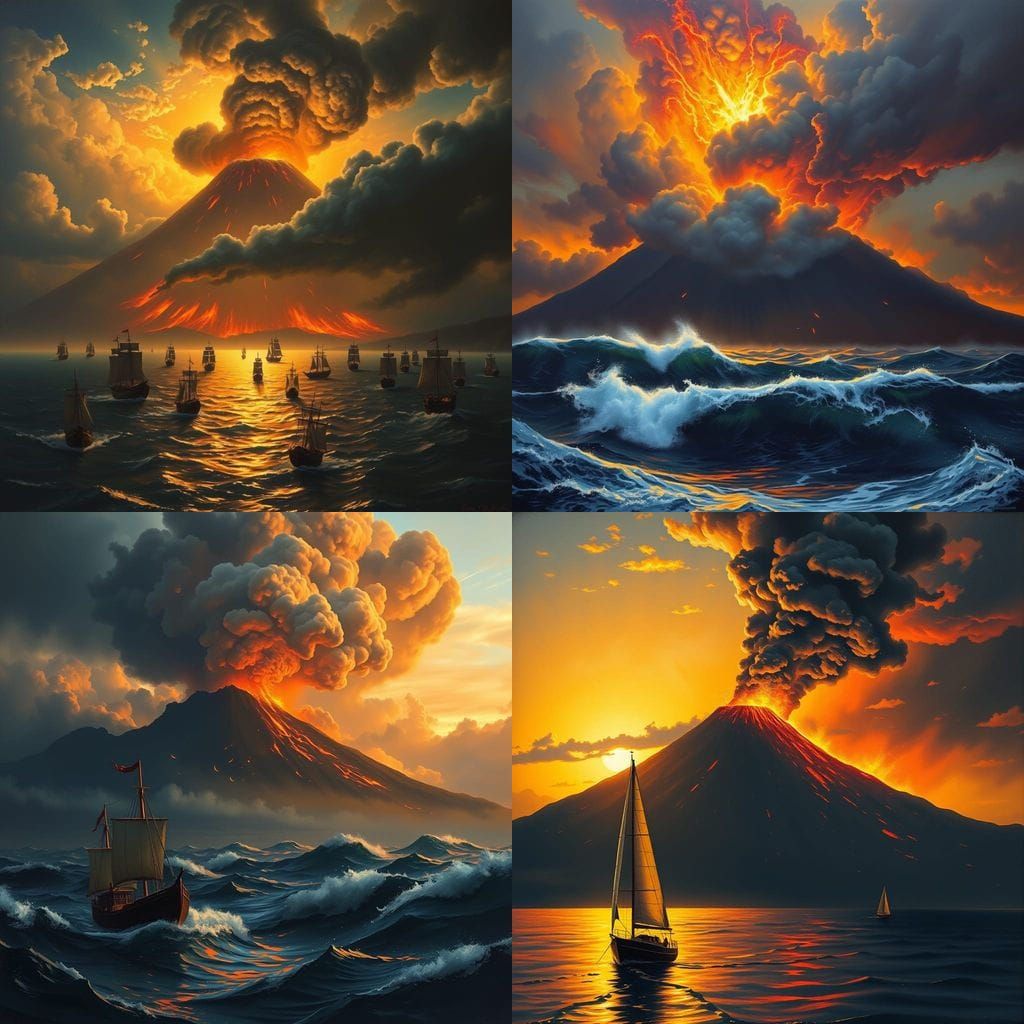 Vesuvius Erupts in Fiery Glory, a Stormy Nighttime Scene