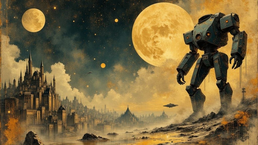 Gigantic Mecha Robots Destroy Alien City Under Two Moons