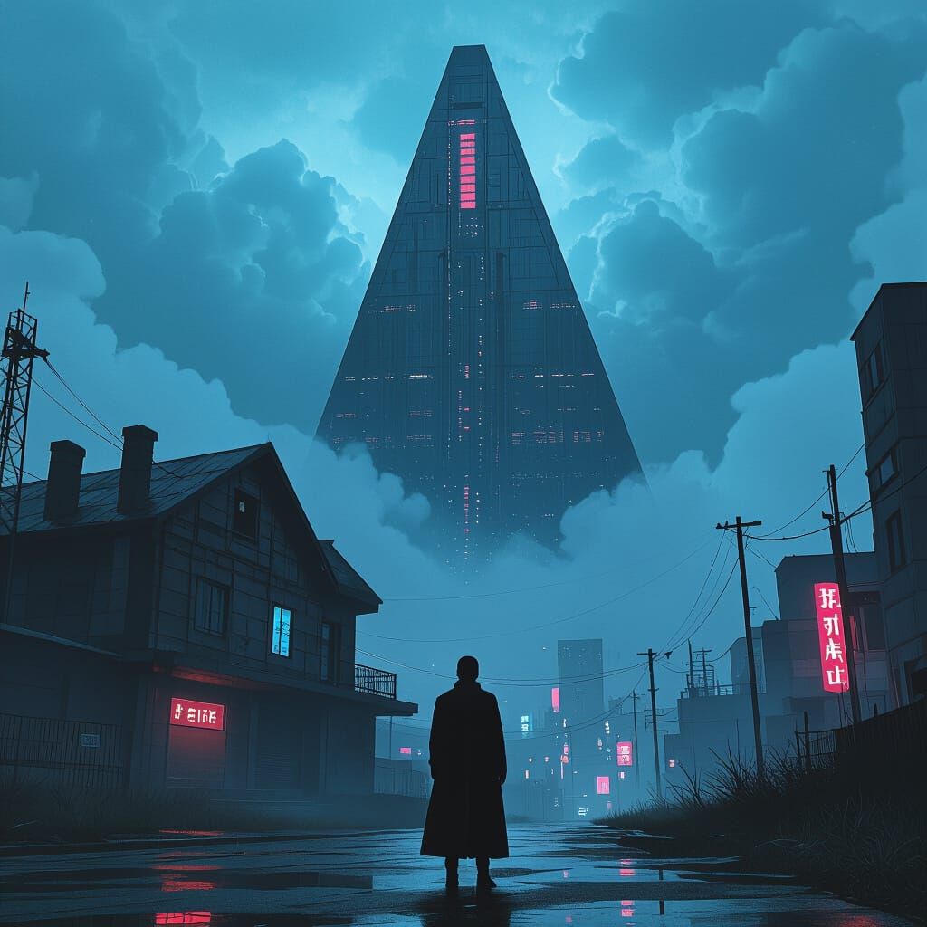 Ominous Cyberpunk Tower Looms Over Abandoned House