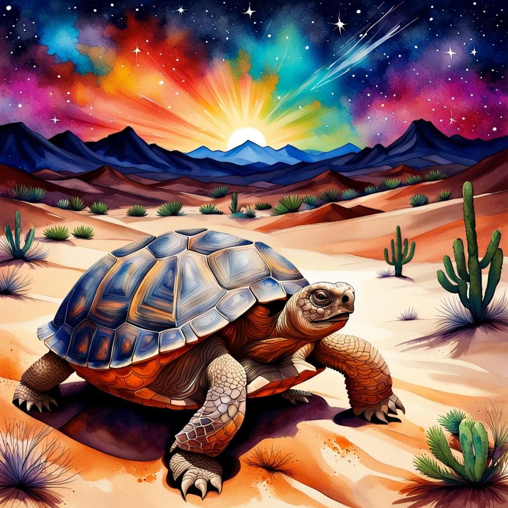 Desert Tortoise in Starry Desert, Watercolor Style