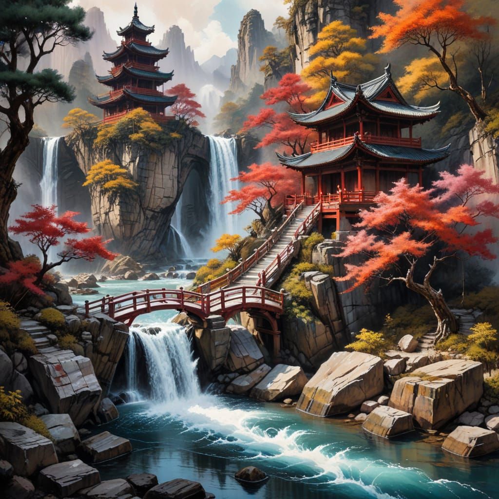 Chinese Temple by Waterfall in Watercolor Sketch Style