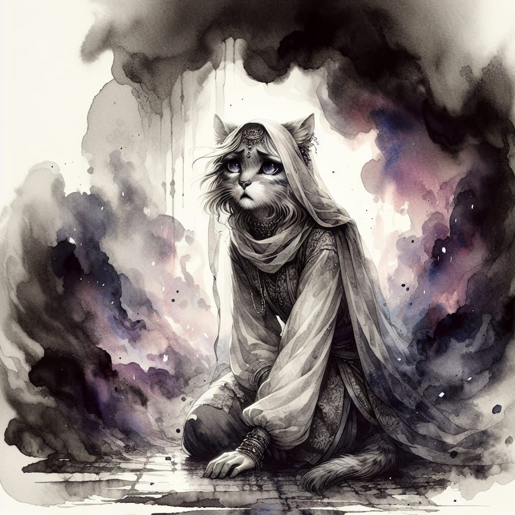 Emotional Cat Kneeling in Gothic Ink Painting