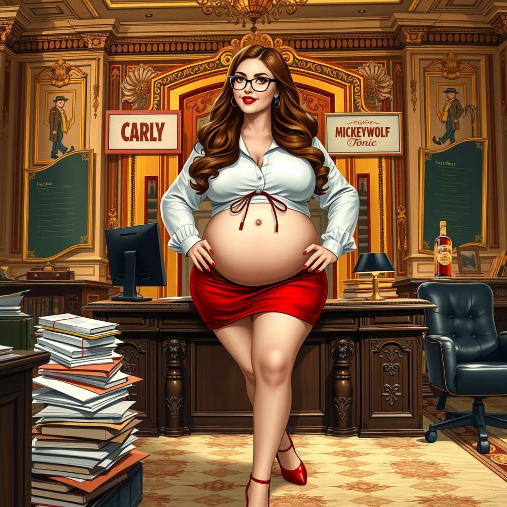 Curvy Woman in Ornate Office, Pin-Up Style