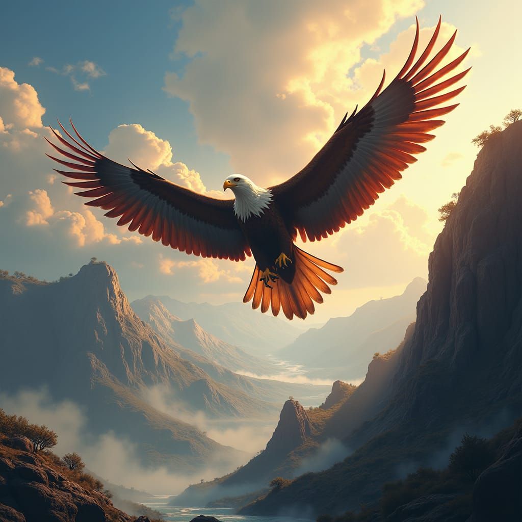 Eagle Soaring Over Fantasy Landscape, Digital Matte Painting