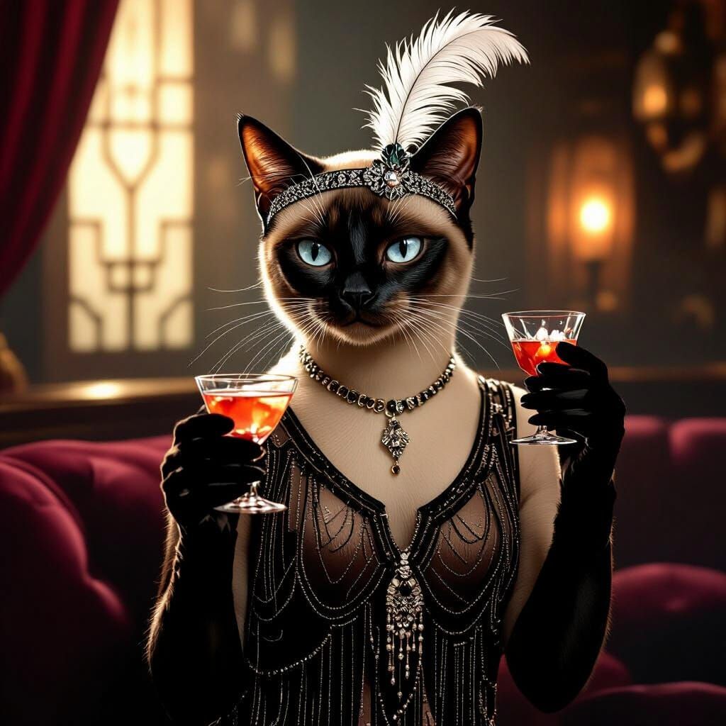 Siamese Cat in Art Deco Flapper Dress with Cocktail