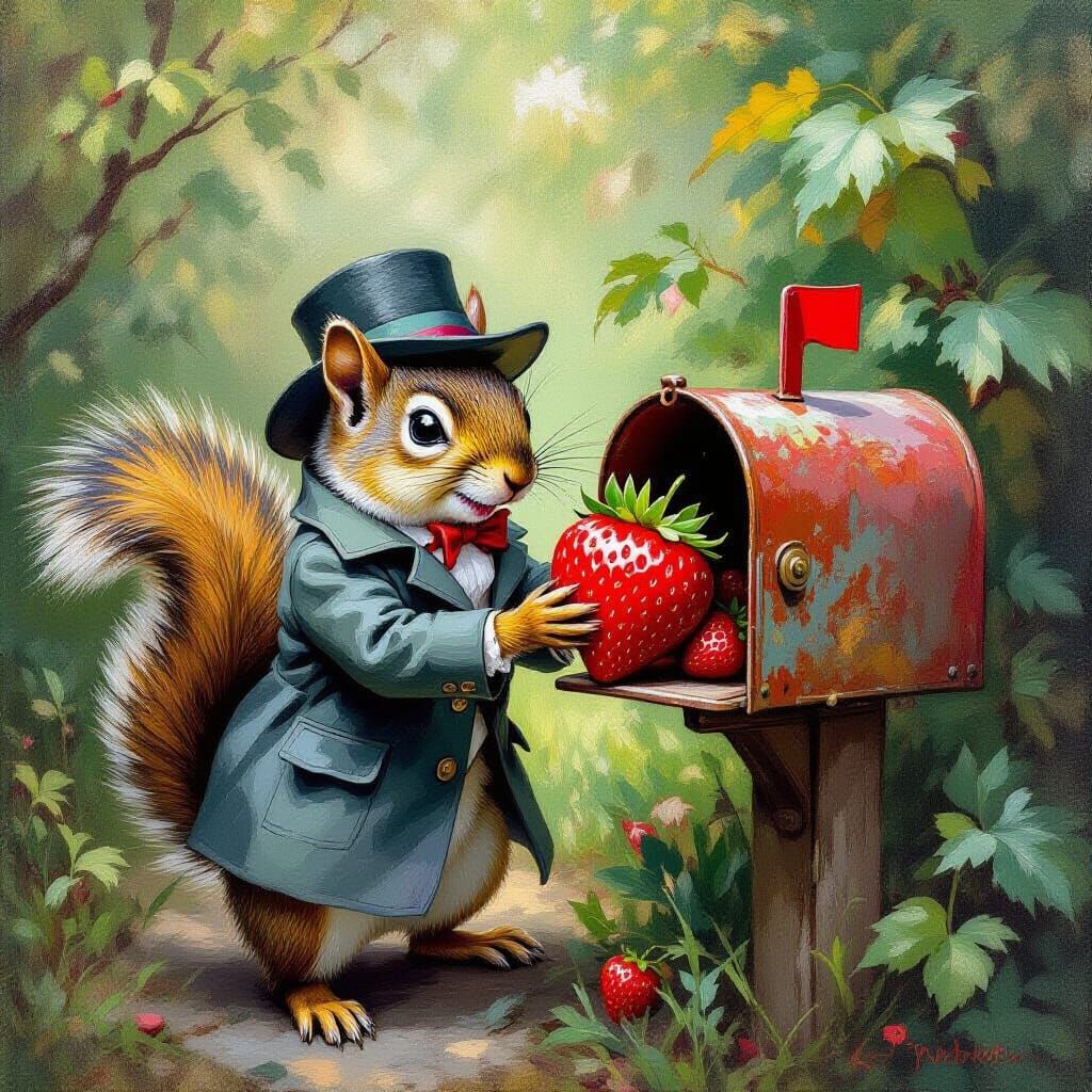 Squirrel's Strawberry Surprise: An Impressionistic Oil Paint...