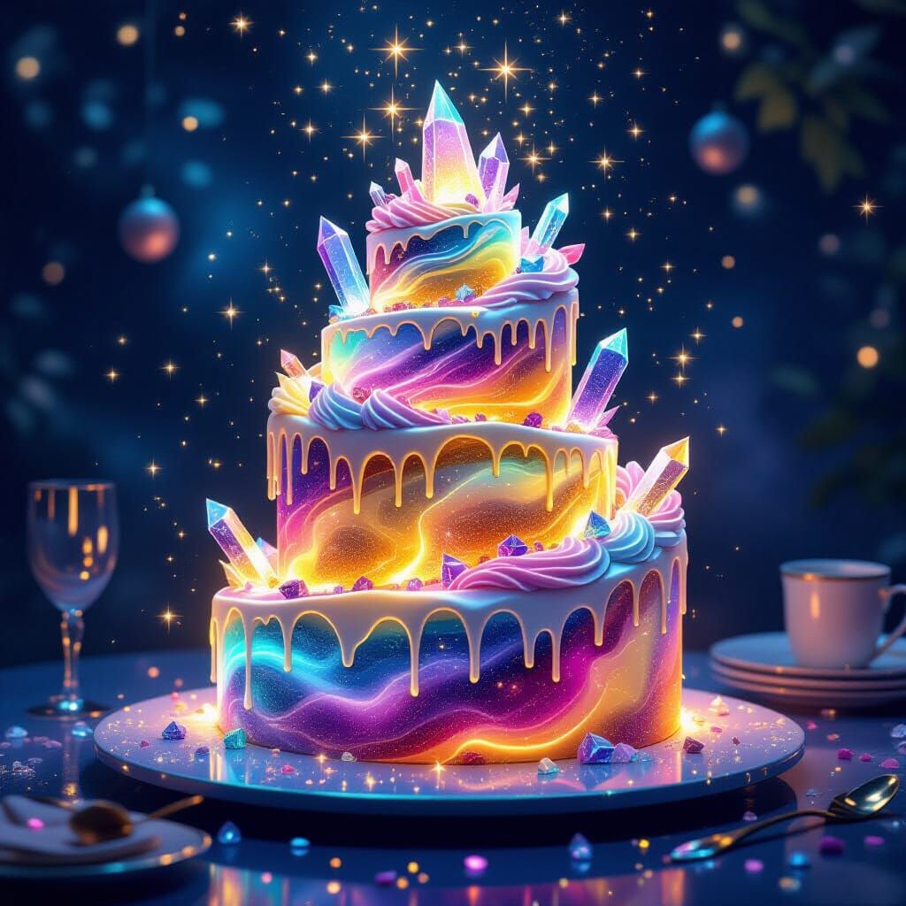Cosmic Dessert Tower with Nebula Frosting and Crystal Shards