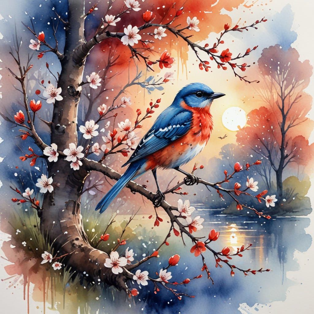 Blossom Tree Bird Sunset in Watercolor Style