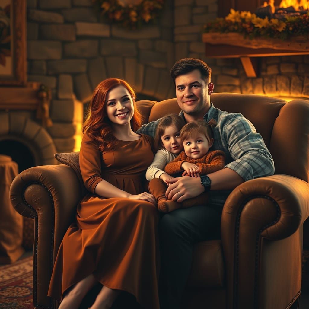 Cozy Autumn Evening with Happy Family by Fireplace