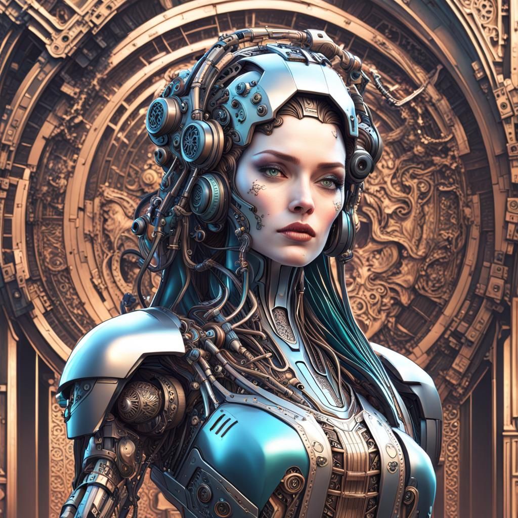 Gothic Cyborg Woman Concept Art in Steampunk Style
