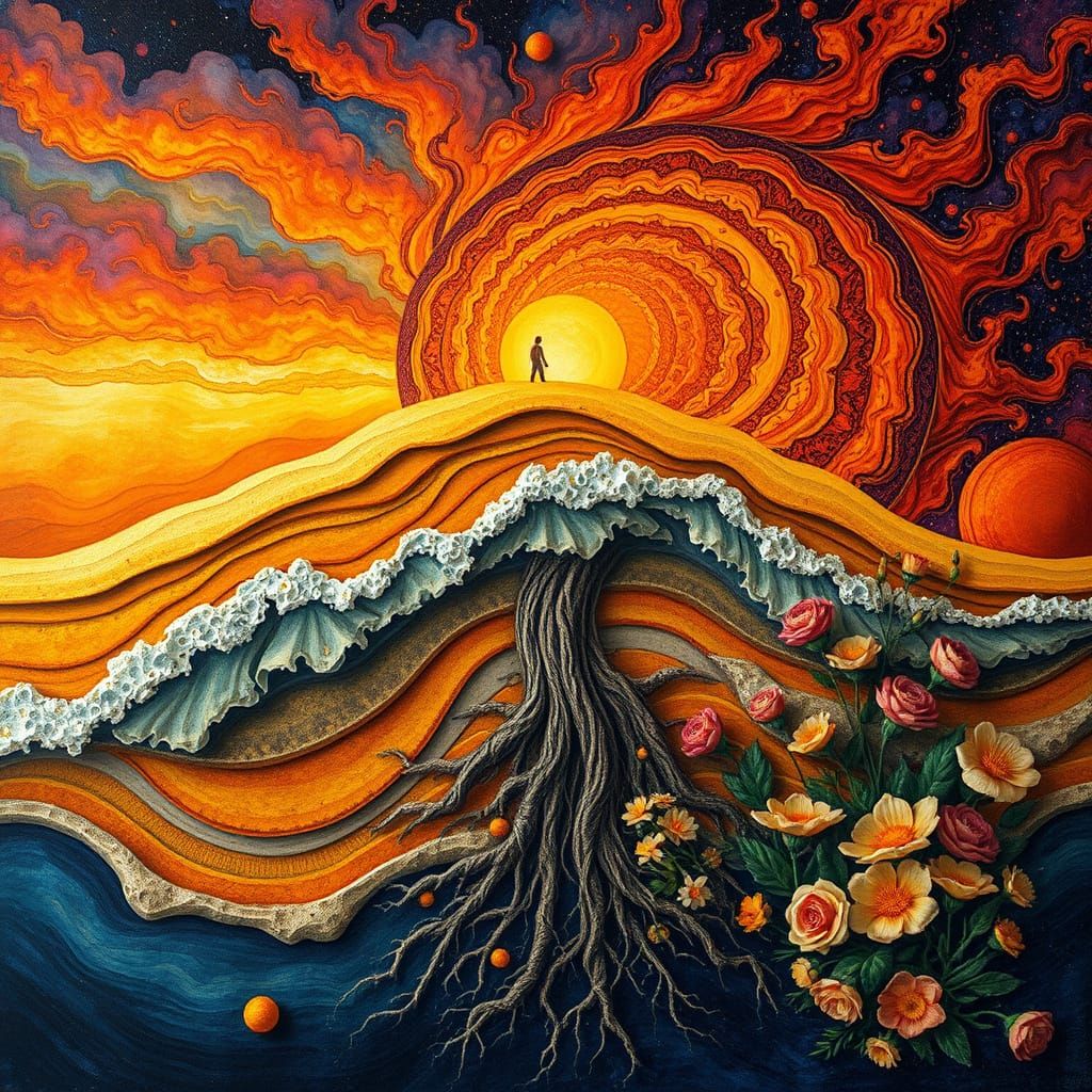 Surreal Earth Rise with Golden Sand and Flames