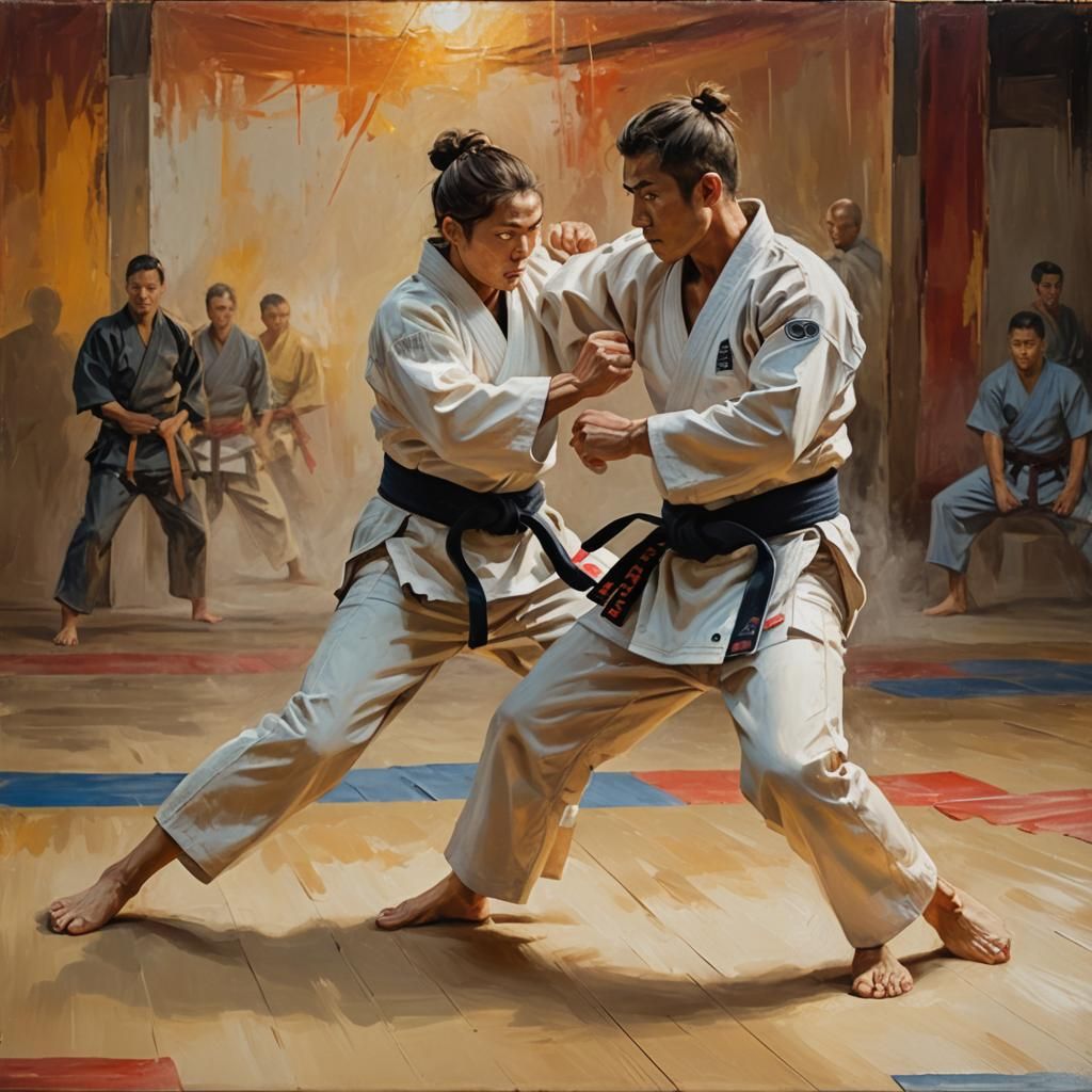 Jujitsu Sparring: A Dynamic Oil Painting
